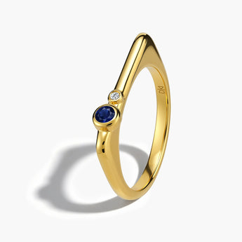 18KT Yellow Gold Vermeil Round Blue Sapphire Puzzle Stacking Ring - Minimal Still Side View