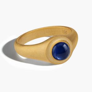 18KT Yellow Gold Vermeil Round Blue Sapphire Sandblasted Ring - Matte Sculpt Front View
