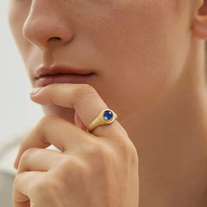 18KT Yellow Gold Vermeil Round Blue Sapphire Sandblasted Ring - Matte Sculpt Worn View