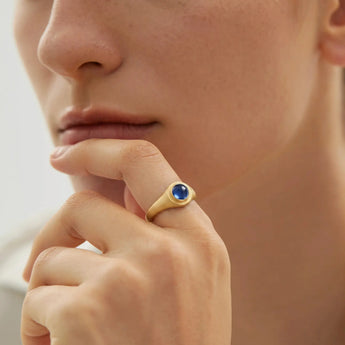 18KT Yellow Gold Vermeil Round Blue Sapphire Sandblasted Ring - Matte Sculpt Worn View