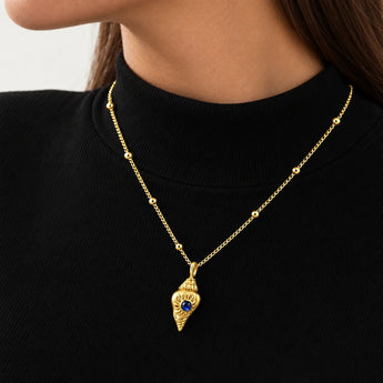 18KT Yellow Gold Vermeil Round Blue Sapphire Sun Conch Necklace Tidal Glow Model Shot Close Up