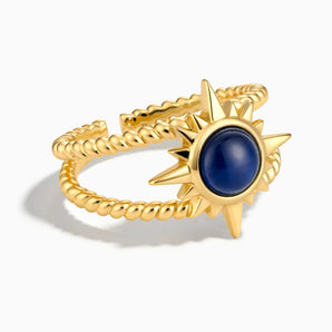 18KT Yellow Gold Vermeil Round Blue Sapphire Sunburst Twisted Ring - Soleil Ray Front View