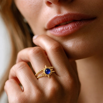 18KT Yellow Gold Vermeil Round Blue Sapphire Sunburst Twisted Ring - Soleil Ray Model Shot