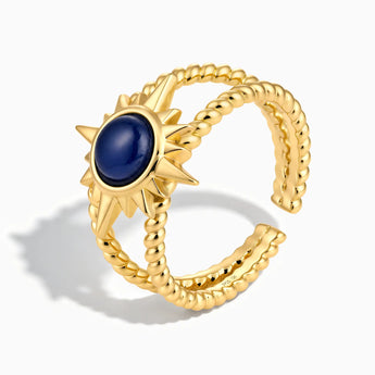 18KT Yellow Gold Vermeil Round Blue Sapphire Sunburst Twisted Ring - Soleil Ray Side View