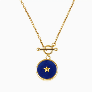 18KT Yellow Gold Vermeil Round Blue Sapphire Toggle Clasp Necklace - Inner Star Front View