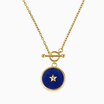 18KT Yellow Gold Vermeil Round Blue Sapphire Toggle Clasp Necklace - Inner Star Front View
