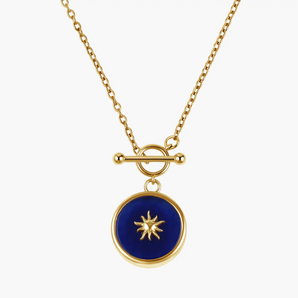 18KT Yellow Gold Vermeil Round Blue Sapphire Toggle Clasp Necklace - Inner Sun Front View