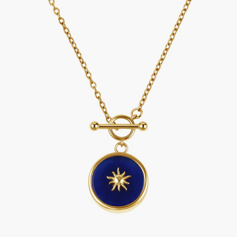 18KT Yellow Gold Vermeil Round Blue Sapphire Toggle Clasp Necklace - Inner Sun Front View