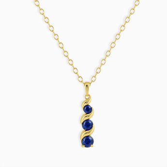 18KT Yellow Gold Vermeil Round Blue Sapphire Triple Gemstone Twisted Necklace - Spiral Rondo Front View