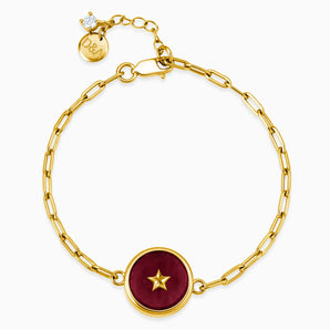 18KT Yellow Gold Vermeil Round Garnet Paperclip Bracelet - Solo Star Front View
