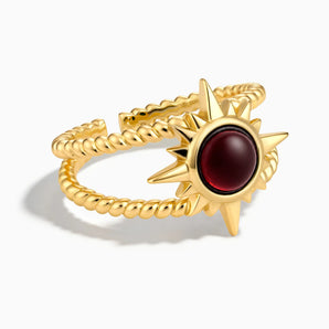 18KT Yellow Gold Vermeil Round Garnet Sunburst Twisted Ring - Soleil Ray Front View