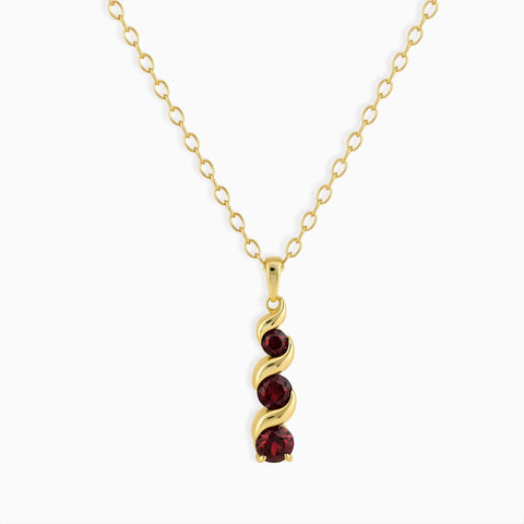 18KT Yellow Gold Vermeil Round Garnet Triple Gemstone Twisted Necklace - Spiral Rondo Front View