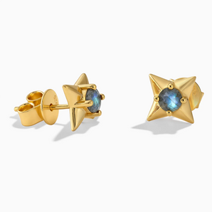 18KT Yellow Gold Vermeil Round Labradorite Four Point Star Stud Earrings - Wishkeeper Front View