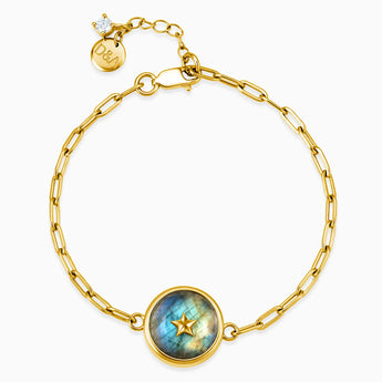 18KT Yellow Gold Vermeil Round Labradorite Paperclip Bracelet - Solo Star Front View