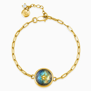 18KT Yellow Gold Vermeil Round Labradorite Paperclip Bracelet - Solo Sun Front View