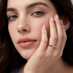 18KT Yellow Gold Vermeil Round Labradorite Puzzle Stacking Ring - Minimal Still Worn View