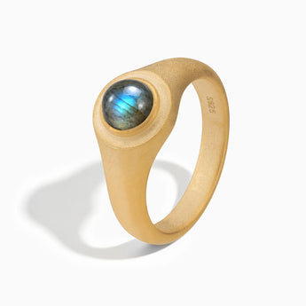 18KT Yellow Gold Vermeil Round Labradorite Sandblasted Ring - Matte Sculpt Side View