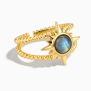 18KT Yellow Gold Vermeil Round Labradorite Sunburst Twisted Ring - Soleil Ray Front View
