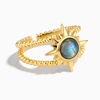 18KT Yellow Gold Vermeil Round Labradorite Sunburst Twisted Ring - Soleil Ray Front View