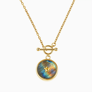 18KT Yellow Gold Vermeil Round Labradorite Toggle Clasp Necklace - Inner Star Front View