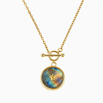18KT Yellow Gold Vermeil Round Labradorite Toggle Clasp Necklace - Inner Star Front View