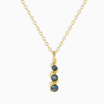 18KT Yellow Gold Vermeil Round Labradorite Triple Gemstone Twisted Necklace - Spiral Rondo Front View