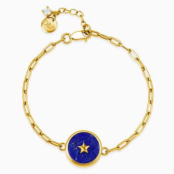 18KT Yellow Gold Vermeil Round Lapis Lazuli Paperclip Bracelet - Solo Star Front View