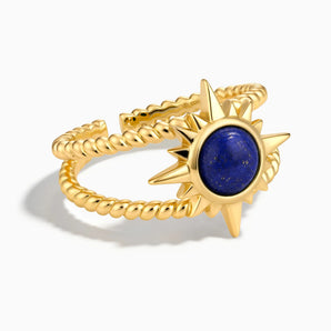 18KT Yellow Gold Vermeil Round Lapis Lazuli Sunburst Twisted Ring - Soleil Ray Front View