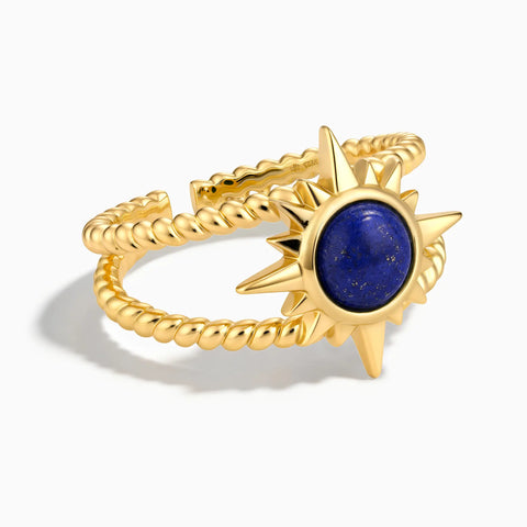 18KT Yellow Gold Vermeil Round Lapis Lazuli Sunburst Twisted Ring - Soleil Ray Front View