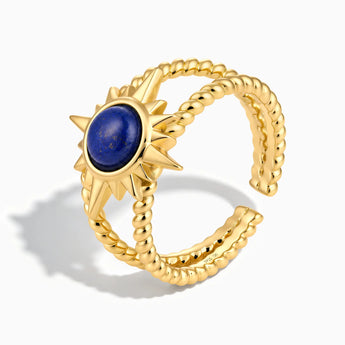18KT Yellow Gold Vermeil Round Lapis Lazuli Sunburst Twisted Ring - Soleil Ray Side View