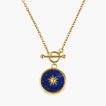 18KT Yellow Gold Vermeil Round Lapis Lazuli Toggle Clasp Necklace - Inner Sun Front View