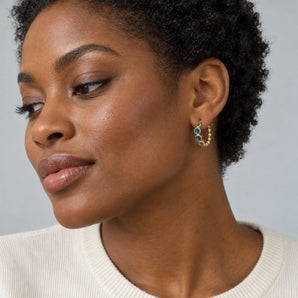 18KT Yellow Gold Vermeil Round London Blue Topaz Bezel Hoop Earrings - Beaded Reverie Model Shot