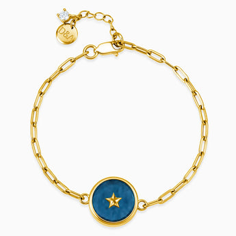18KT Yellow Gold Vermeil Round London Blue Topaz Paperclip Bracelet - Solo Star Front View