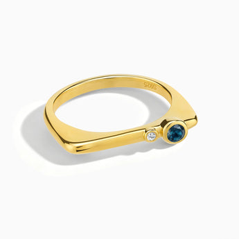18KT Yellow Gold Vermeil Round London Blue Topaz Puzzle Stacking Ring - Minimal Still Front View
