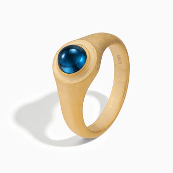 18KT Yellow Gold Vermeil Round London Blue Topaz Sandblasted Ring - Matte Sculpt Side View