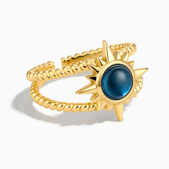 18KT Yellow Gold Vermeil Round London Blue Topaz Sunburst Twisted Ring - Soleil Ray Front View