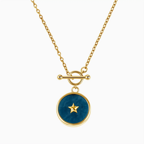 18KT Yellow Gold Vermeil Round London Blue Topaz Toggle Clasp Necklace - Inner Star Front View