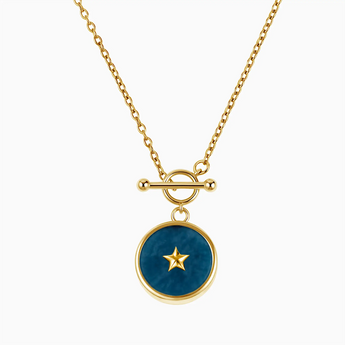 18KT Yellow Gold Vermeil Round London Blue Topaz Toggle Clasp Necklace - Inner Star Front View