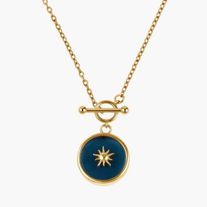 18KT Yellow Gold Vermeil Round London Blue Topaz Toggle Clasp Necklace - Inner Sun Front View