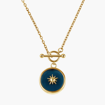 18KT Yellow Gold Vermeil Round London Blue Topaz Toggle Clasp Necklace - Inner Sun Front View