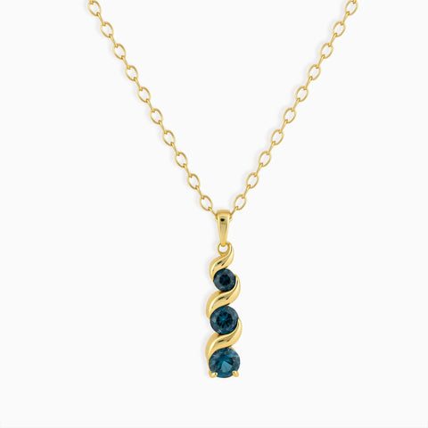 18KT Yellow Gold Vermeil Round London Blue Topaz Triple Gemstone Twisted Necklace - Spiral Rondo Front View