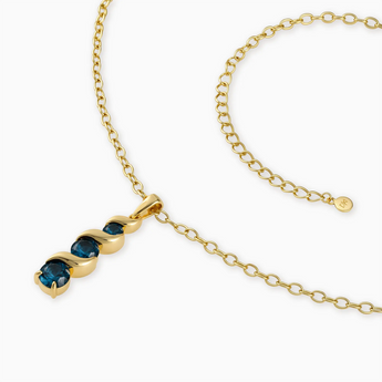 18KT Yellow Gold Vermeil Round London Blue Topaz Triple Gemstone Twisted Necklace - Spiral Rondo Side View