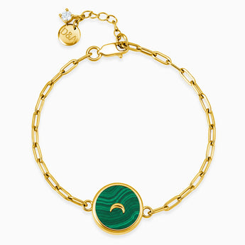 18KT Yellow Gold Vermeil Round Malachite Paperclip Bracelet - Solo Moon Front View