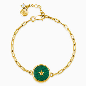 18KT Yellow Gold Vermeil Round Malachite Paperclip Bracelet - Solo Star Front View