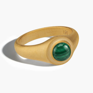 18KT Yellow Gold Vermeil Round Malachite Sandblasted Ring - Matte Sculpt Front View