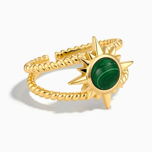 18KT Yellow Gold Vermeil Round Malachite Sunburst Twisted Ring - Soleil Ray Front View