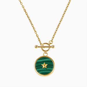 18KT Yellow Gold Vermeil Round Malachite Toggle Clasp Necklace - Inner Star Front View