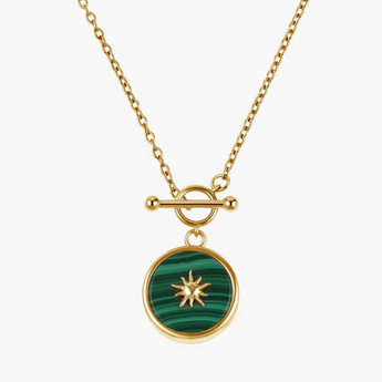 18KT Yellow Gold Vermeil Round Malachite Toggle Clasp Necklace - Inner Sun Front View