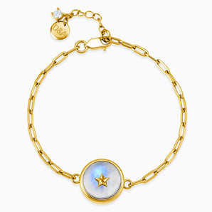 18KT Yellow Gold Vermeil Round Moonstone Paperclip Bracelet - Solo Star Front View