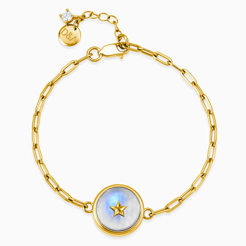 18KT Yellow Gold Vermeil Round Moonstone Paperclip Bracelet - Solo Star Front View